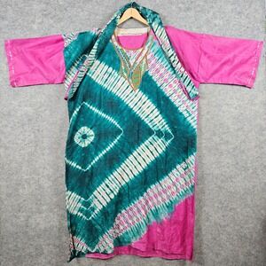 Bohemian Tie Dye Dress Kaftan Style Turquoise Pink Embroidered Neckline SPOTS